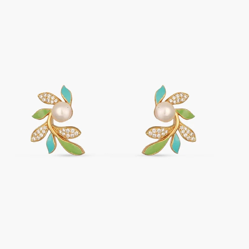 women's silver earrings-Eriha Pearl CZ Green Leaf Stud Earrings