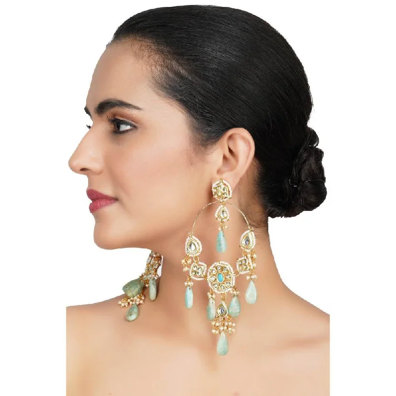 women's celestial planet earrings-Auraa Trends Exquisite Firoza and Pearl Kundan Chandbali Earrings