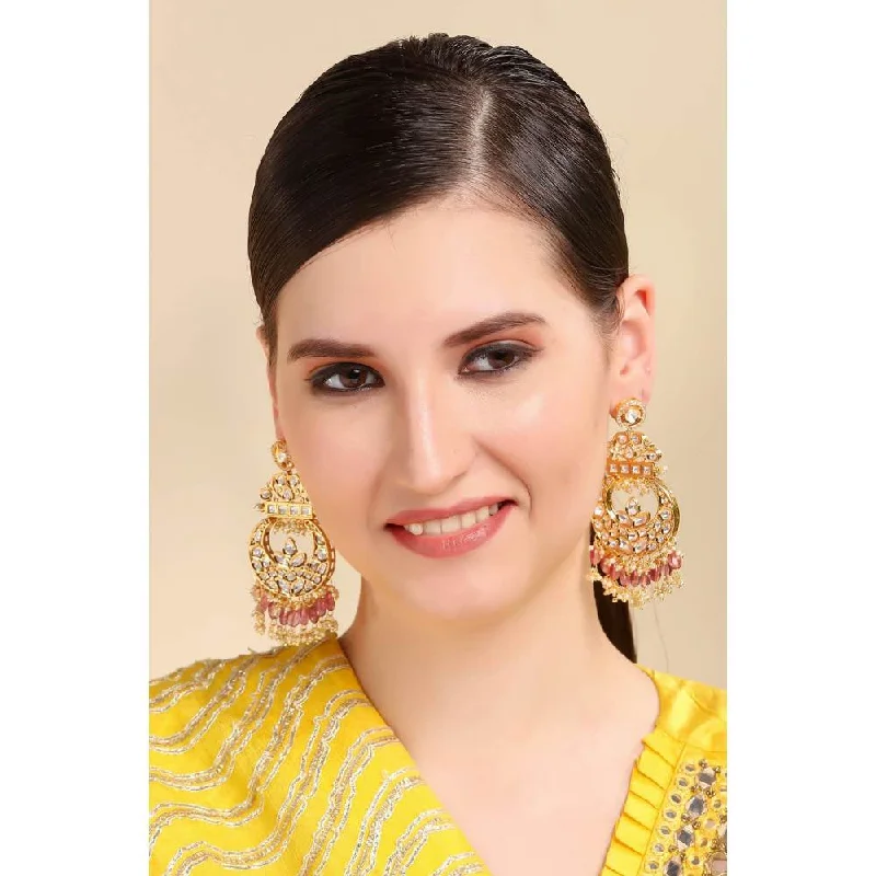 women's best friend earrings-Auraa Trends Kundan Chandbali Earring with Pink Drops