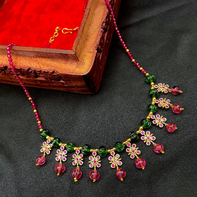 women's casual necklaces-Handmade Ruby Pink and Green Pumpikin Beads AD Mala Necklace