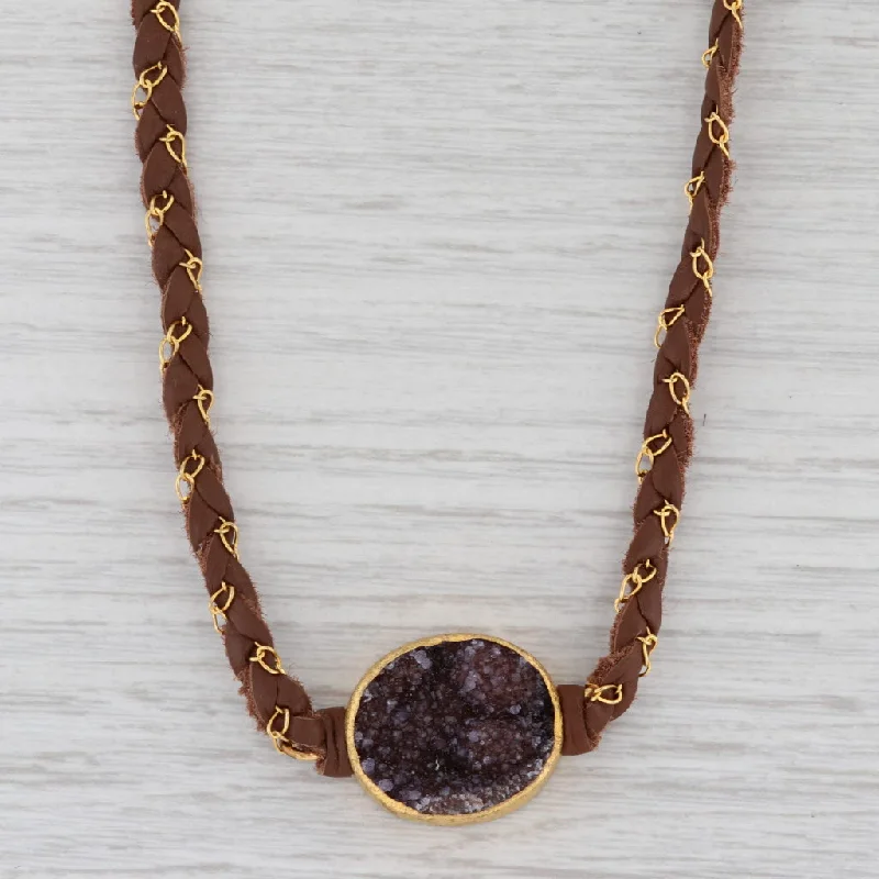 women's charm necklaces-New Nina Nguyen Necklace Cordelia Woven Brown Leather Amethyst Druzy