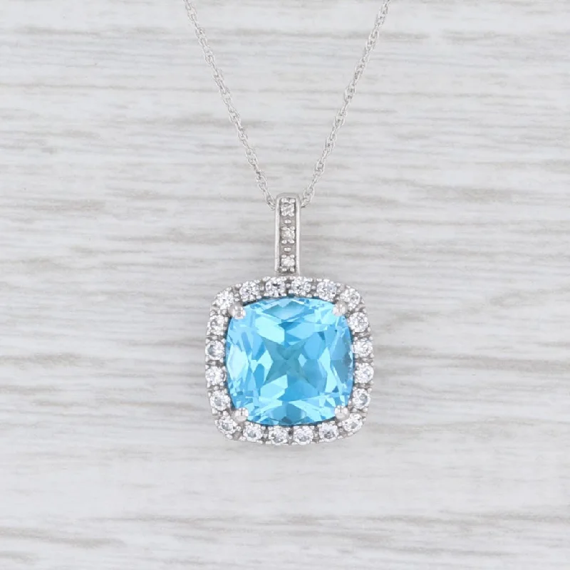 women's pearl necklaces-New 4.19ctw Blue Topaz Synthetic White Sapphire Halo Pendant Necklace 10k Gold