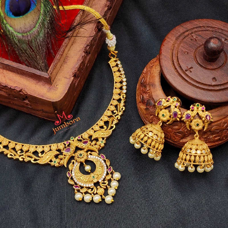 women's layering necklaces-Traditional Matte Antique Gold Necklace with Jhumka