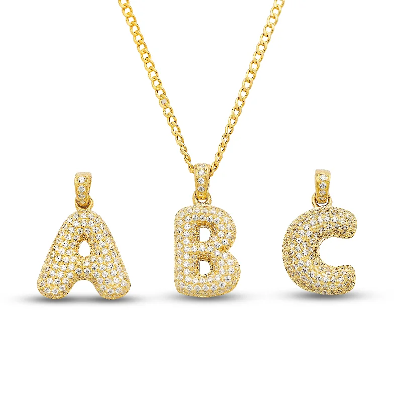 women's chic necklaces-Better Jewelry 10K Yellow Gold Bubble Letter Initial Pendant Necklace CZ Stones