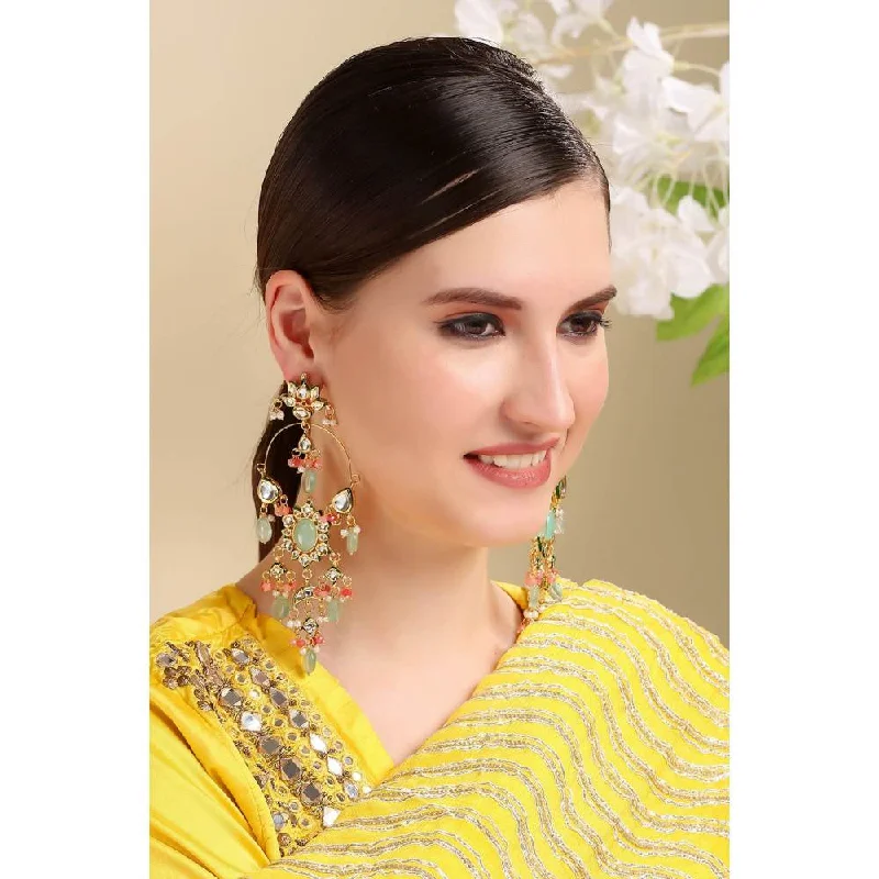 women's simple elegant earrings-Auraa Trends Kundan Long Mint Green and Coral Chandbali Earring