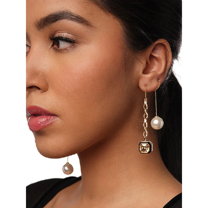 women's birthstone earrings-Isharya Bougie Crystal and Pearl Threader Earrings In 18Kt Gold Plated