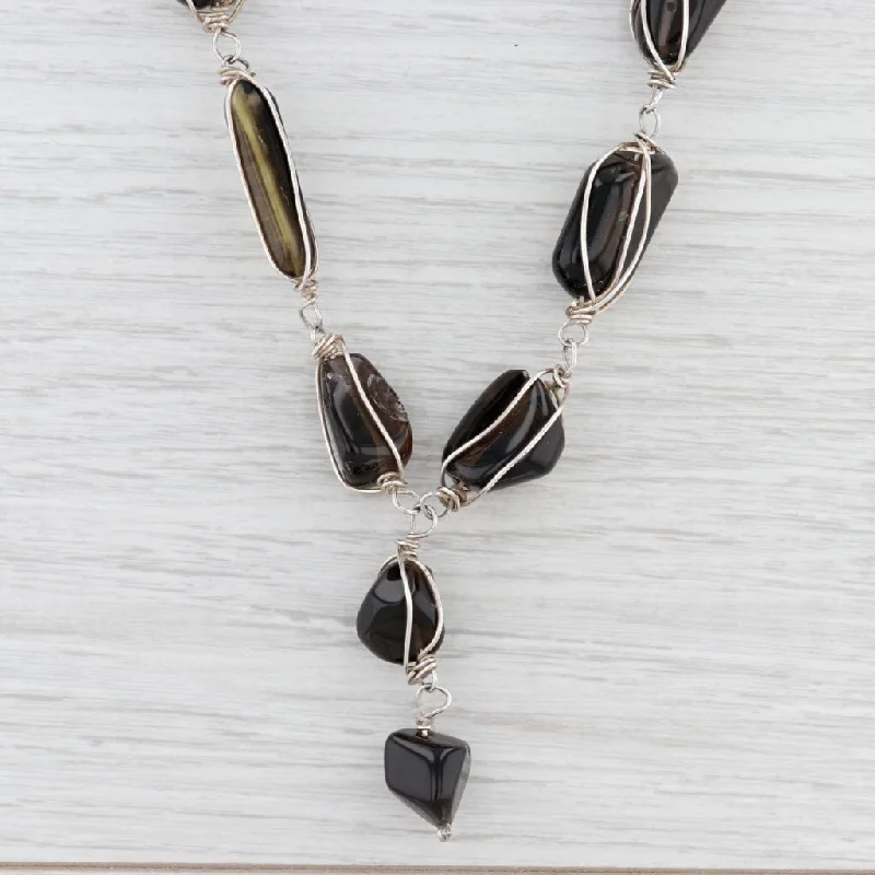 women's casual necklaces-New Smoky Quartz Lariat Statement Necklace Sterling Silver 20.75" Brown Stones