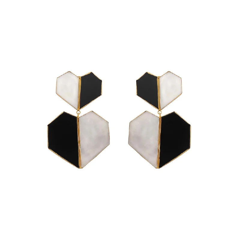 women's drop earrings-VARNIKA ARORA Chrome- 22K Gold Plated Black Onyx White Mother Of Pearl Heart Dangler Earrings