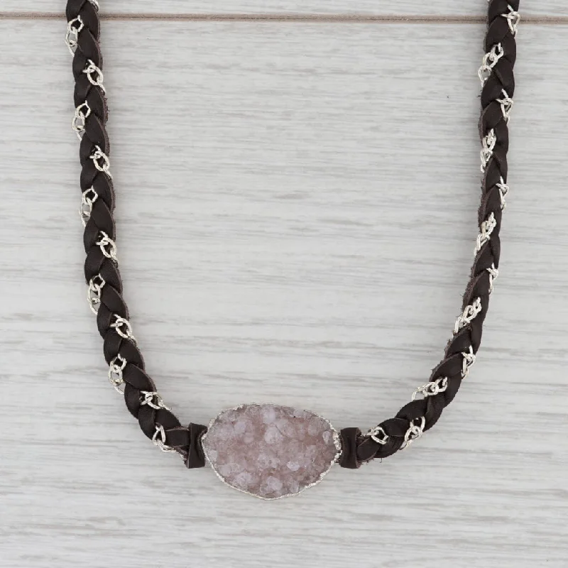 women's eternity necklaces-New Nina Nguyen Cordelia Necklace Woven Dark Brown Leather Tags Druzy Quartz