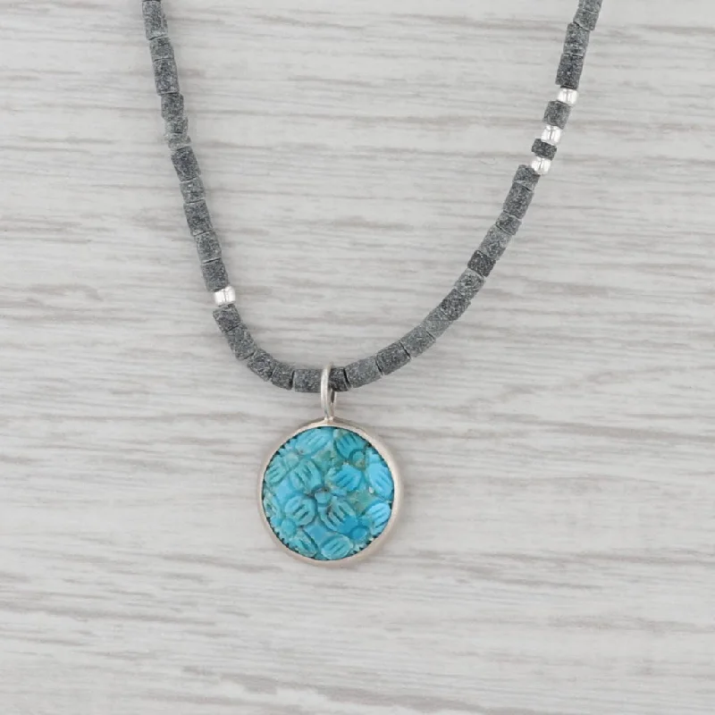 women's trendy necklaces-New Nina Nguyen Carved Turquoise Flower Pendant Bead Necklace Sterling Silver