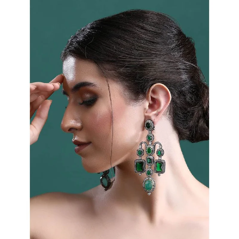 women's hoop earrings-Auraa Trends Rhodium Plated American Diamond Zircon Green Earring Set for Women and Girls