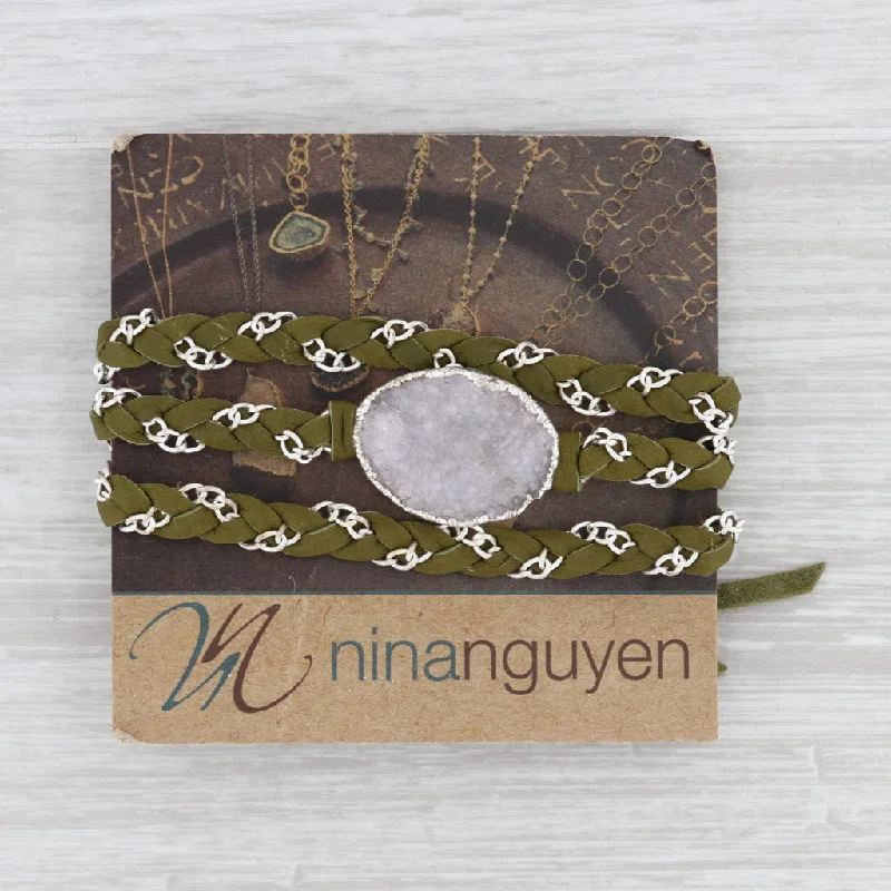 women's platinum necklaces-New Nina Nguyen Cordelia Necklace Woven Green Leather White Druzy Quartz Pendant