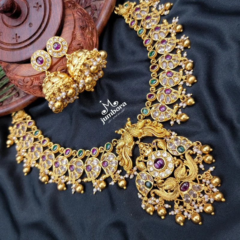 women's halo necklaces-Peacock Nakshi Kemp Lakshmi Necklace in Temple Jewelry