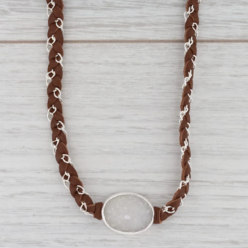 women's bar necklaces-New Nina Nguyen Necklace Cordelia Woven Brown Leather Druzy Quartz