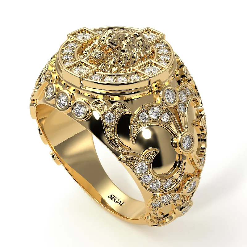 women's bold gold rings-Diamond Royal Lion Men Signet Ring - Terry No. 1