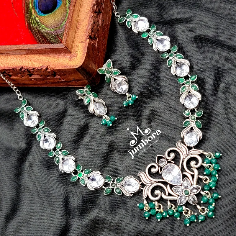 women's bar necklaces-Green and White AD (Zircon) Oxidized German Silver Necklace set