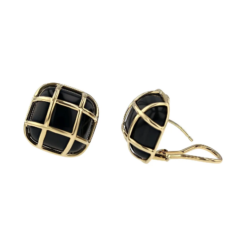 women's petite earrings-14K Gold Black Onyx Lattice Button Earrings