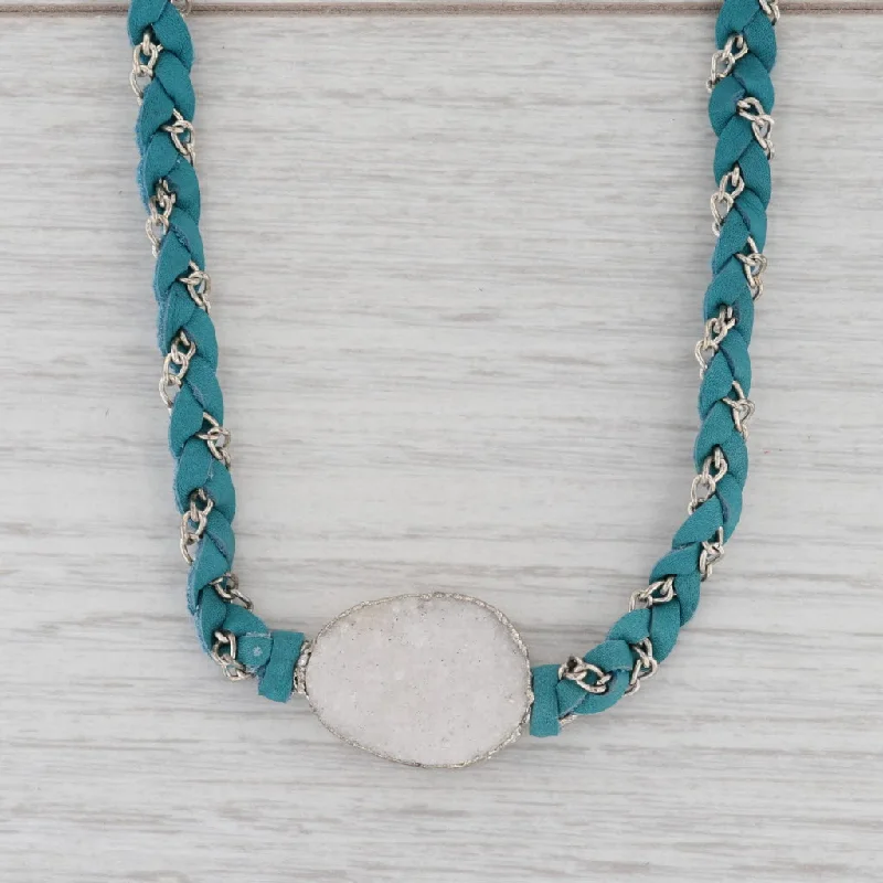 women's custom-made necklaces-New Nina Nguyen Necklace Cordelia Teal Leather White Druzy Quartz Pendant