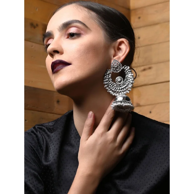 women's unique earrings-Odette Ethnic Silver White Beaded Jhumka