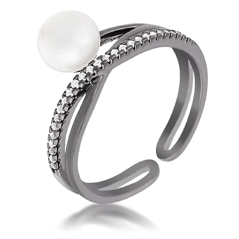 women's stylish rings-Lin Hematite Pearl Ribbon Bypass Half Pave Ring