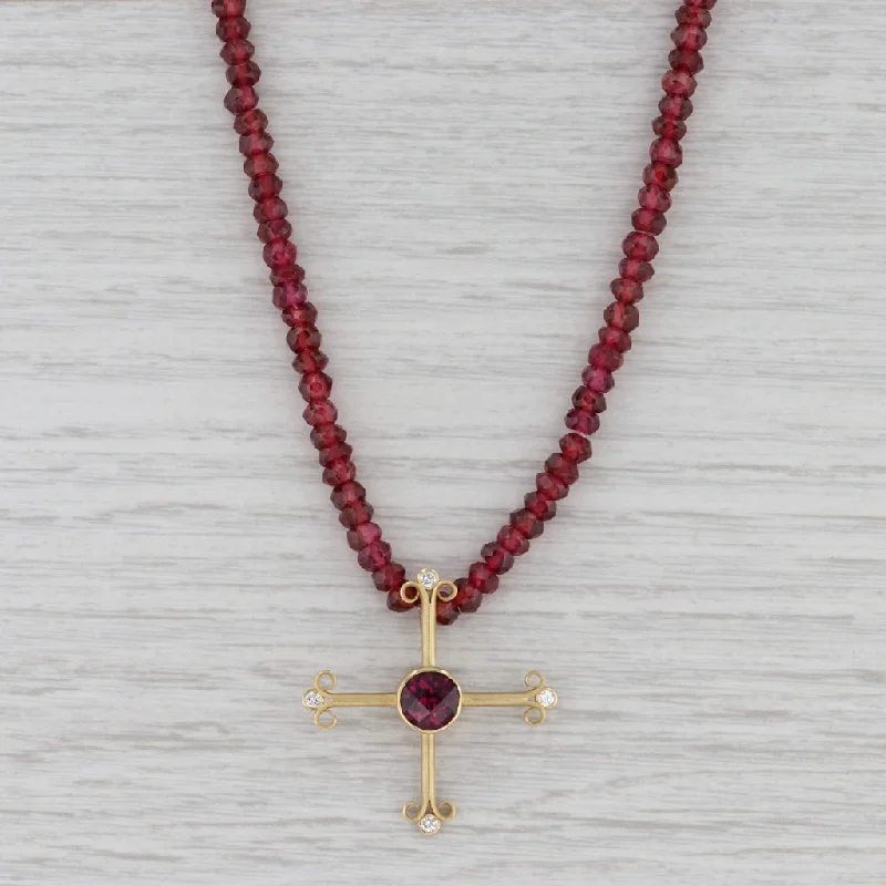 women's engraved necklaces-Handmade Garnet Bead Diamond Cross Pendant Necklace 18k Gold Designer 35"