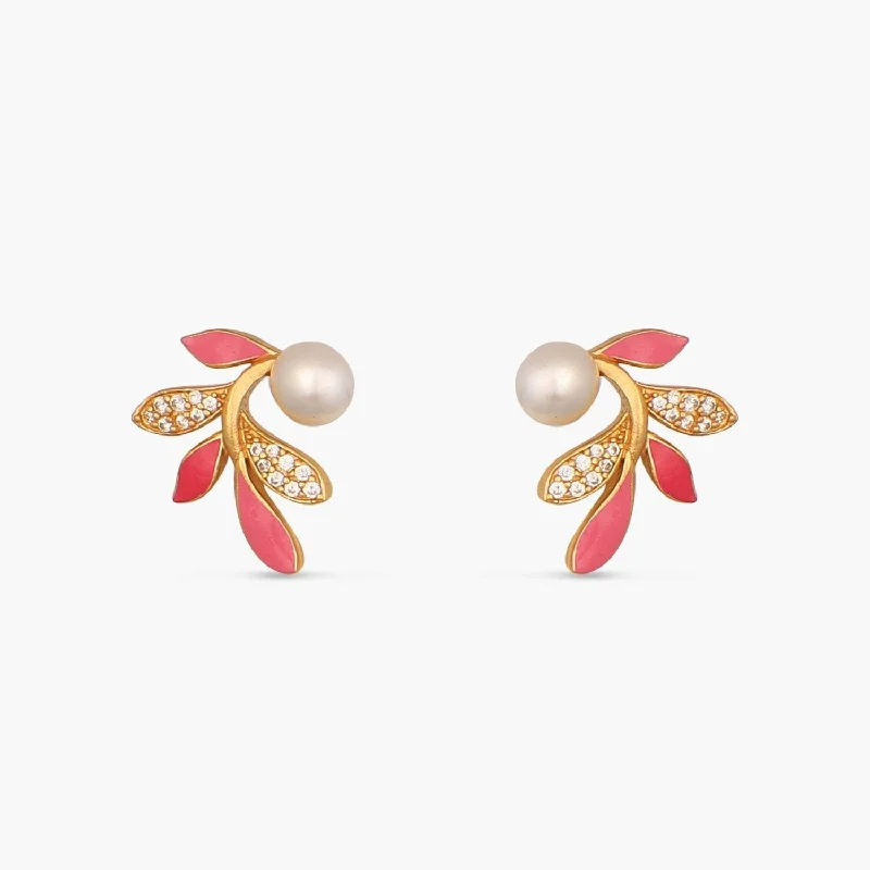 women's fashion earrings-Eriha Pearl Delicate Pink Leaf Stud Earrings