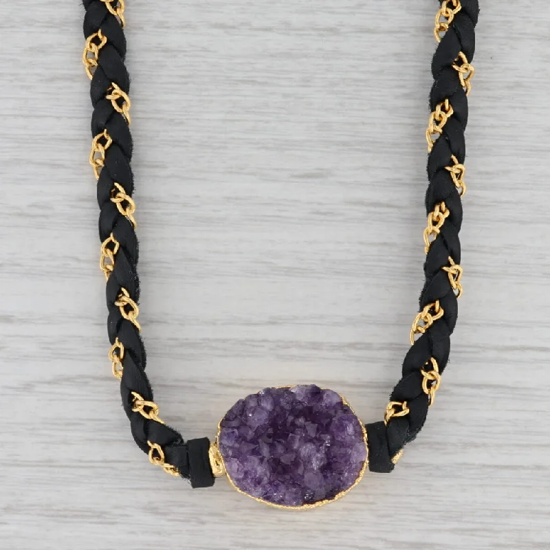 women's infinity love necklaces-New Nina Nguyen Cordelia Necklace Amethyst Druzy Pendant Black Leather NWT