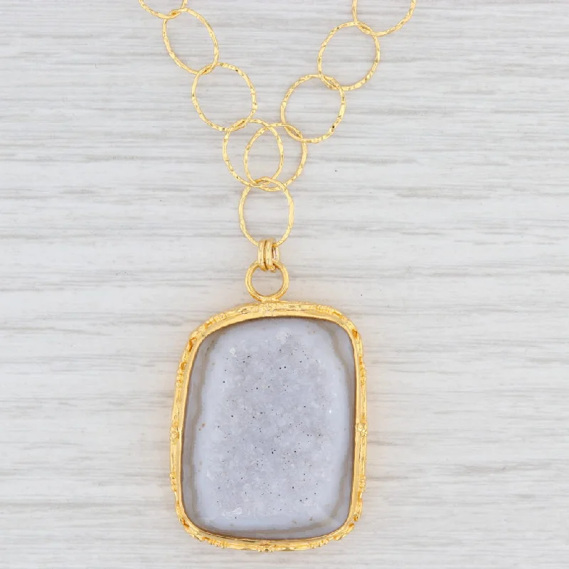 women's diamond necklaces-New Nina Nguyen White Druzy Quartz Agate Pendant Necklace Gold Vermeil Sterling