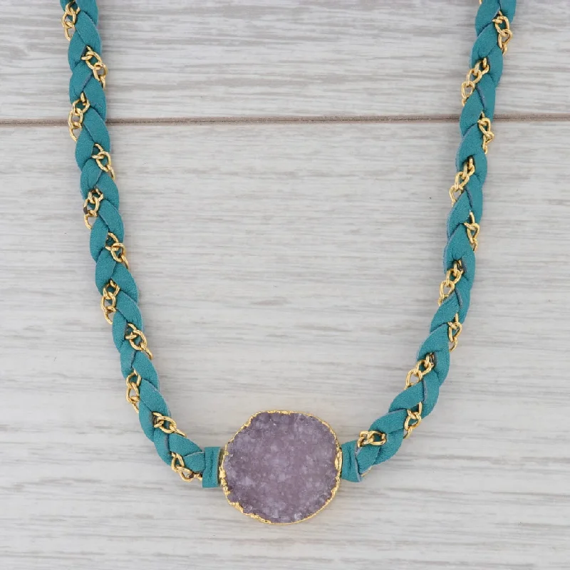 women's infinity necklaces-New Nina Nguyen Cordelia Necklace Pink Druzy Quartz Pendant Teal Leather