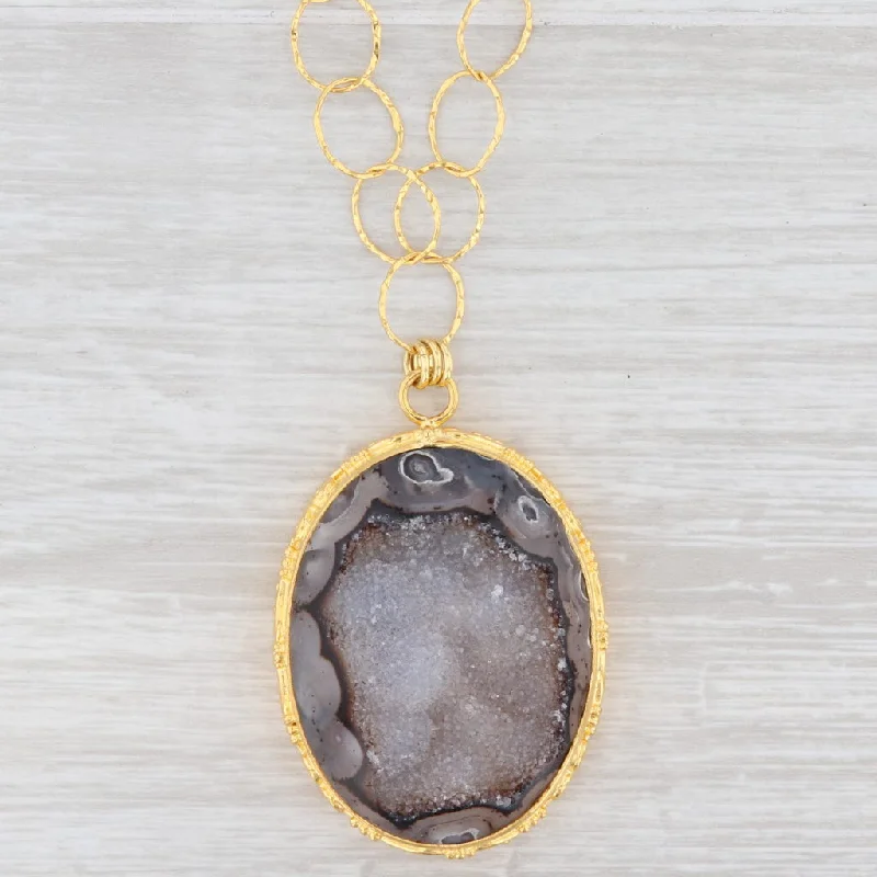 women's bold gold necklaces-New Nina Nguyen Druzy Quartz Agate Pendant Necklace 20" Sterling Silver 22k Gold