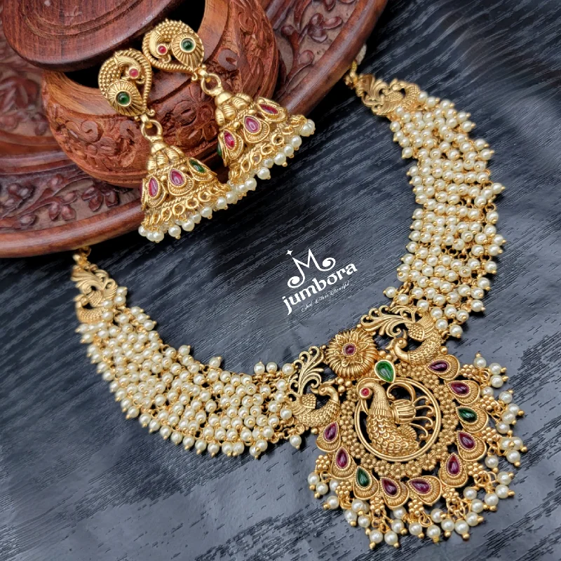 women's romantic necklaces-Statement Peacock Thick Cluster Pearl Kempu Necklace Set