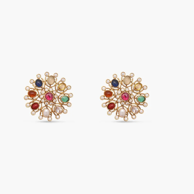 women's star earrings-Navaratna Floral Stud Earrings