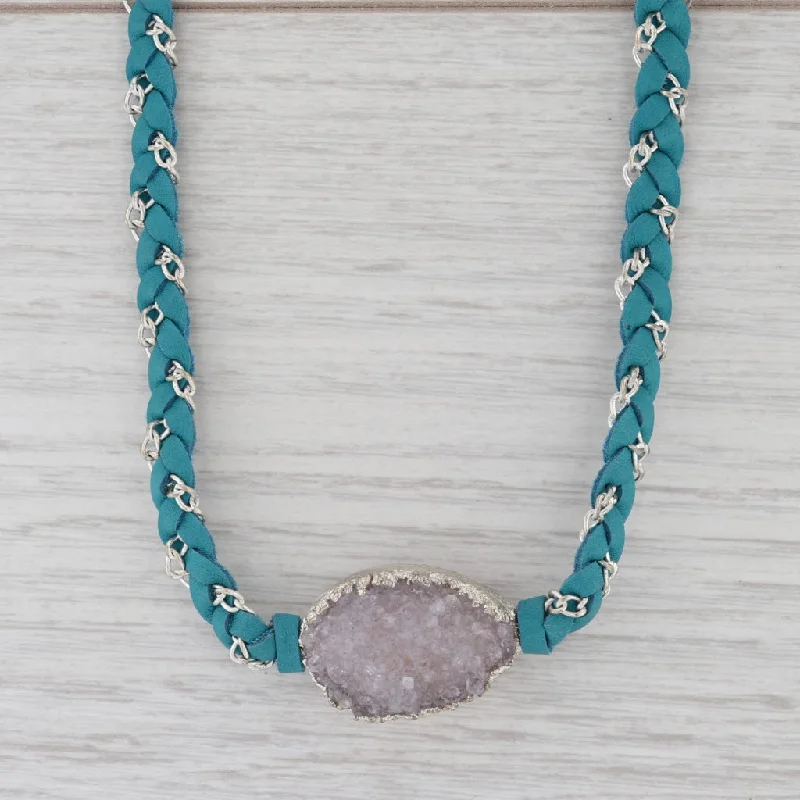 women's sterling silver necklaces-New Nina Nguyen Necklace Teal Leather White Druzy Quartz Pendant Cordelia