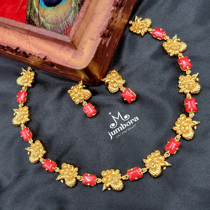 women's opal necklaces-Coral Red Peacock Necklace Set