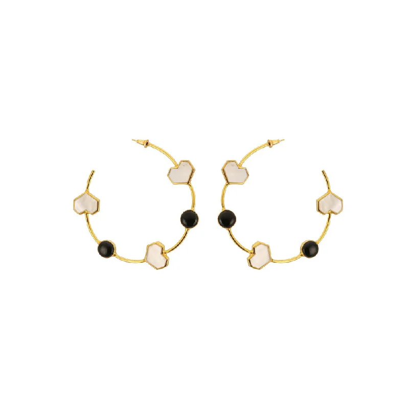 women's fashion earrings-VARNIKA ARORA Array- 22K Gold Plated White Mother Of Pearl And Black Onyx Heart Hoops Earrings