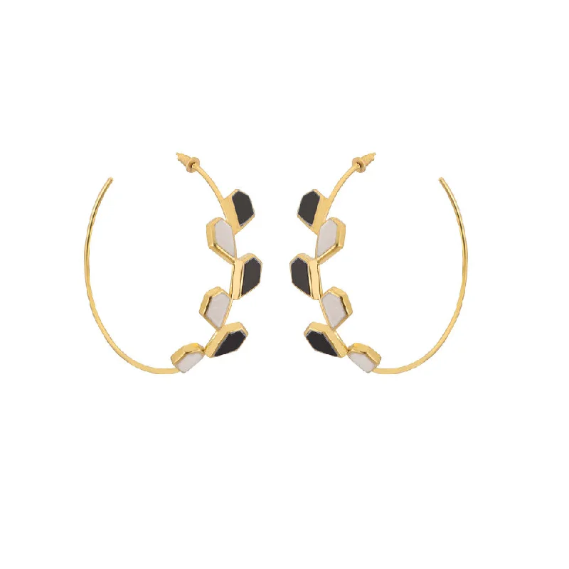 women's luxury earrings-VARNIKA ARORA Galah- 22K Gold Plated Black Onyx And White Mother Of Pearl Heart Hoops Earrings