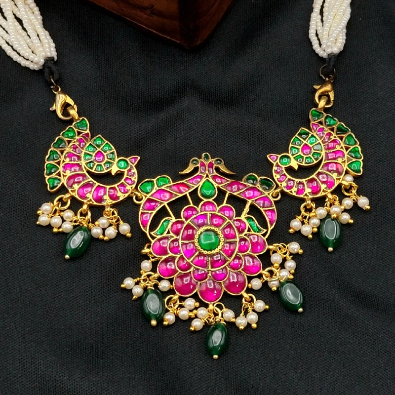 women's baroque pearl necklaces-Peacock Floral Jadau Kundan Necklace with Pearl Mala