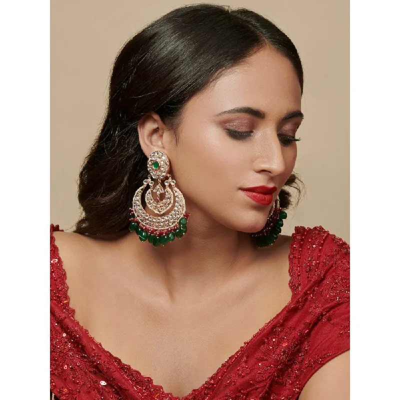 women's celestial-inspired earrings-Curio Cottage Layered Red and Green Drops Traditional Chandbali Earrings