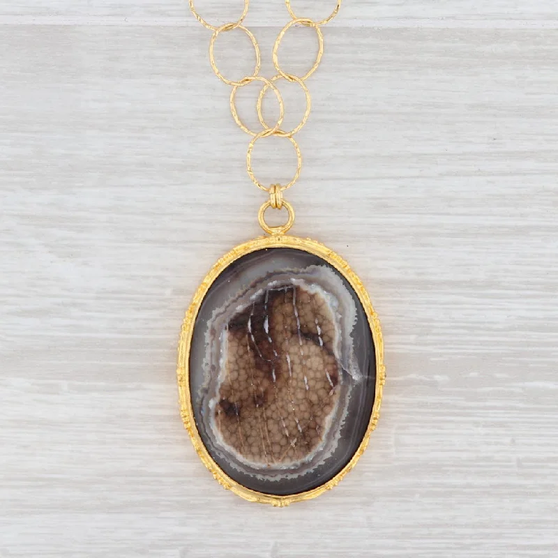 women's choker necklaces-New Nina Nguyen Druzy Quartz Agate Pendant Necklace Sterling Silver 22k Gold 21"