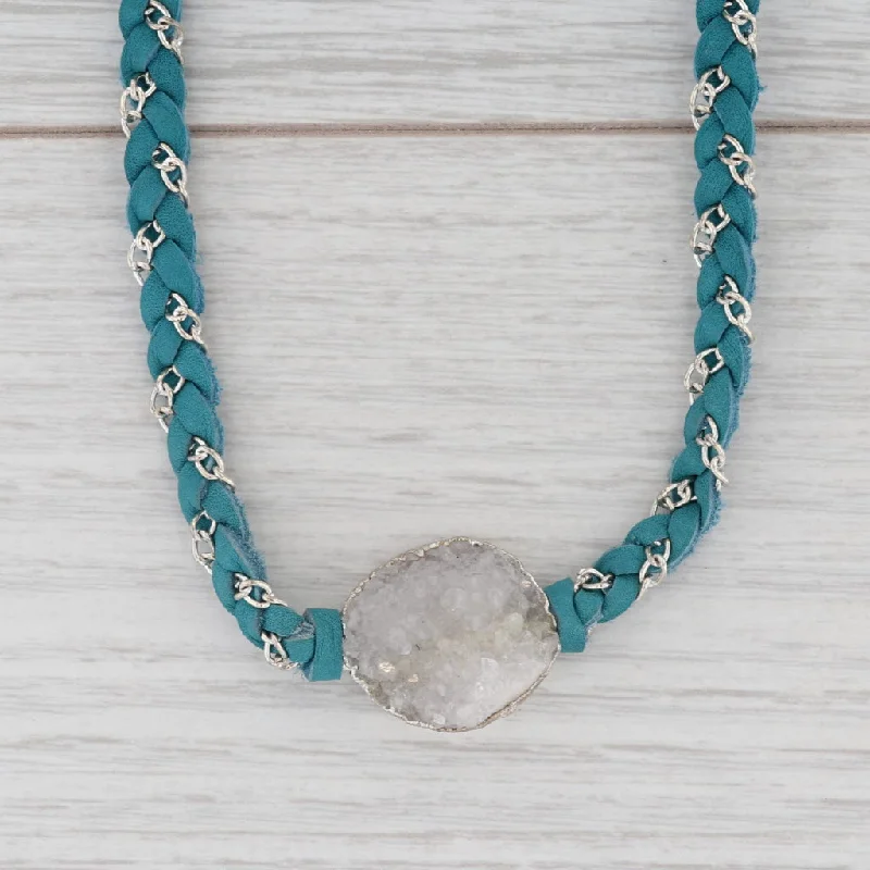 women's personalized necklaces-New Nina Nguyen Necklace Cordelia Teal Leather White Druzy Quartz Pendant