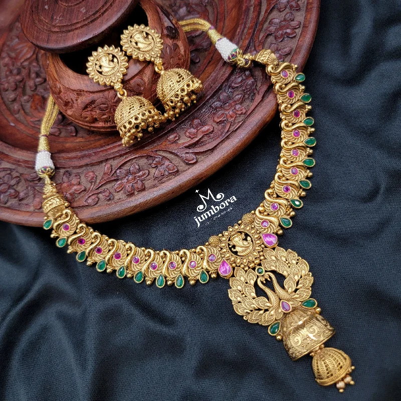 women's handmade necklaces-Temple Jewelry Gold Alike Ganesha & Peacock Kemp Necklace set