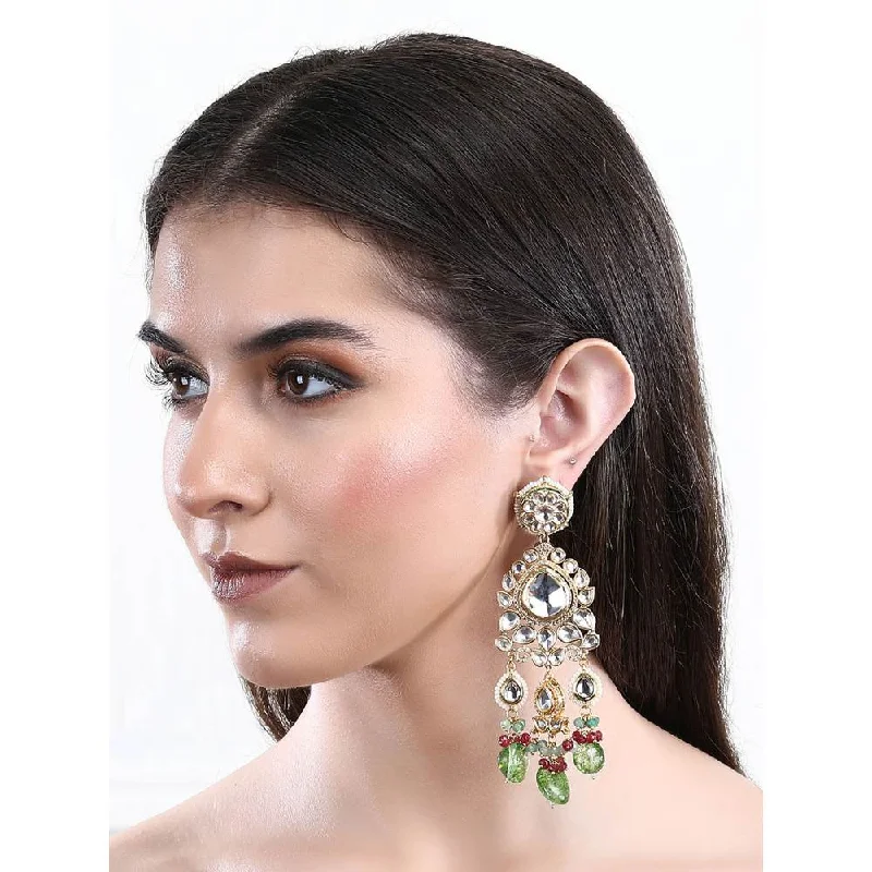 women's diamond earrings-Auraa Trends 22Kt Gold Plated Kundan Classic Green Earring Set for Women and Girls