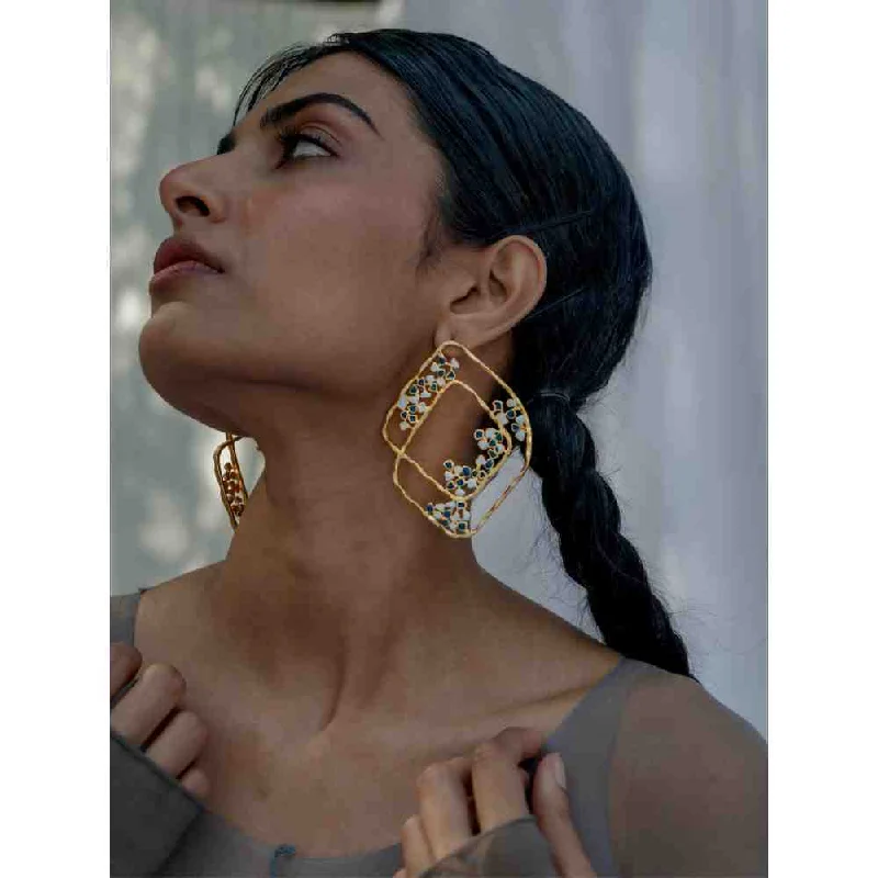 women's shell earrings-Dhwani Bansal Gold And Blue White Enamel Laza Hoop Earrings