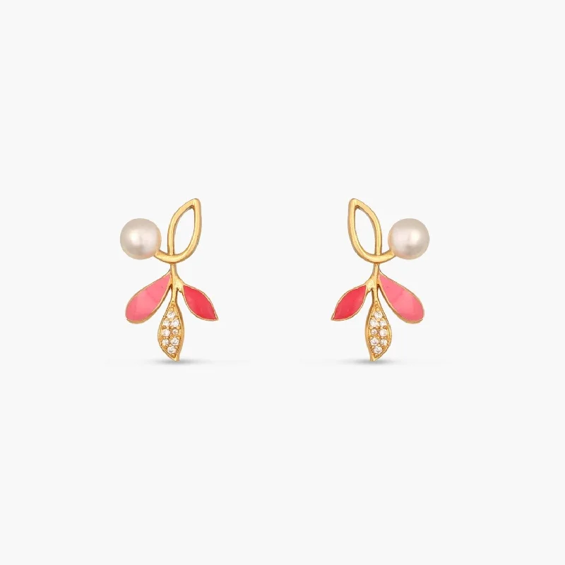 women's dangle earrings-Eriha Pearl Statement Pink Leaf Stud Earrings