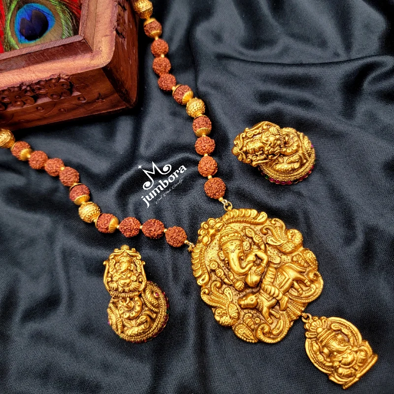 women's lucky charm necklaces-Ganesha Rudraksha Handmade Mala Necklace in Temple Jewelry