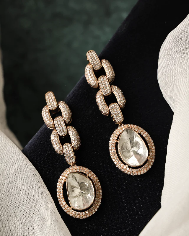 women's abstract earrings-Roohi Polki And Diamond Long Earrings