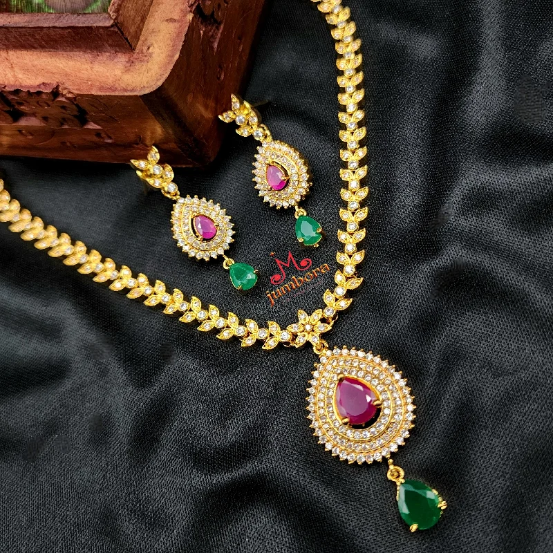 women's elegant pearl necklaces-Ruby Red, Green, & White AD Zircon (CZ) Necklace