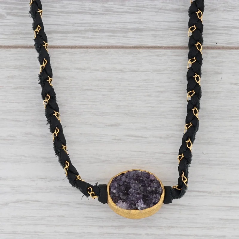 women's spiritual necklaces-New Nina Nguyen Cordelia Necklace Black Leather Amethyst Druzy Pendant NWT