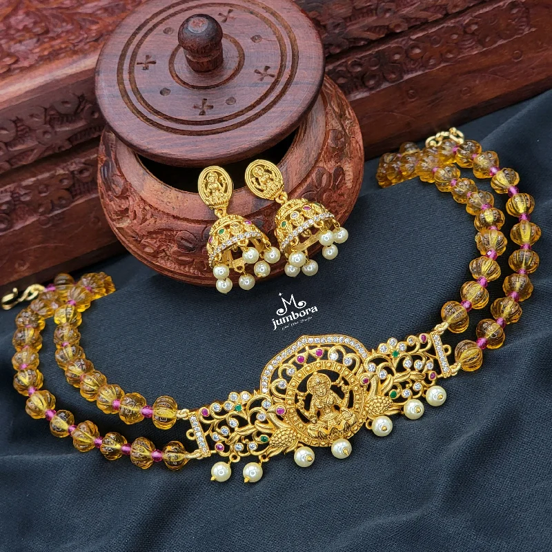 women's opal necklaces-Mustard Yellow Pumpkin Beads Choker Lakshmi Necklace Temple Jewelry Set