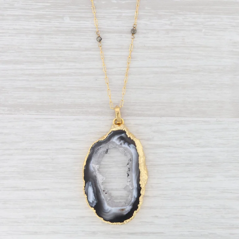 women's boho necklaces-New Nina Nguyen Geode Quartz Pendant 38-40" Necklace Sterling Gold Vermeil